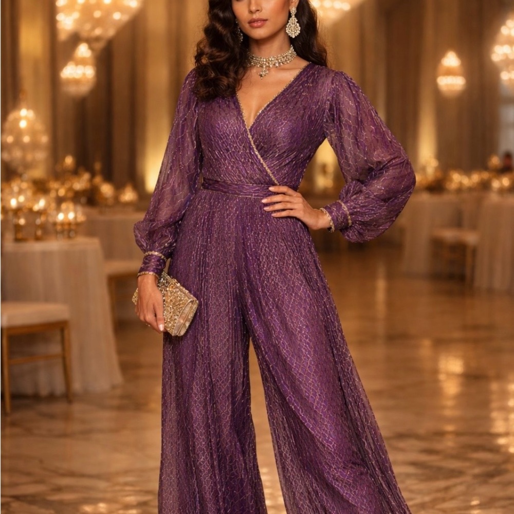 Vintage Purple v neckline Jumpsuit with Metallic Detail.Sz medium